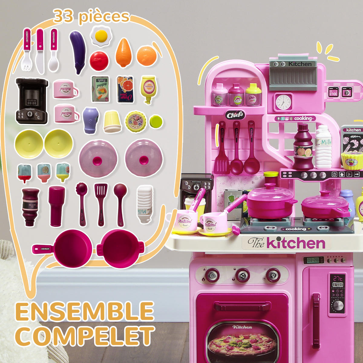 SPIELKÜCHE DE-18733 mit Licht & Sound, 33-teilig Rosa - Pink, Kunststoff (53/22/69cm) - ComfortXL