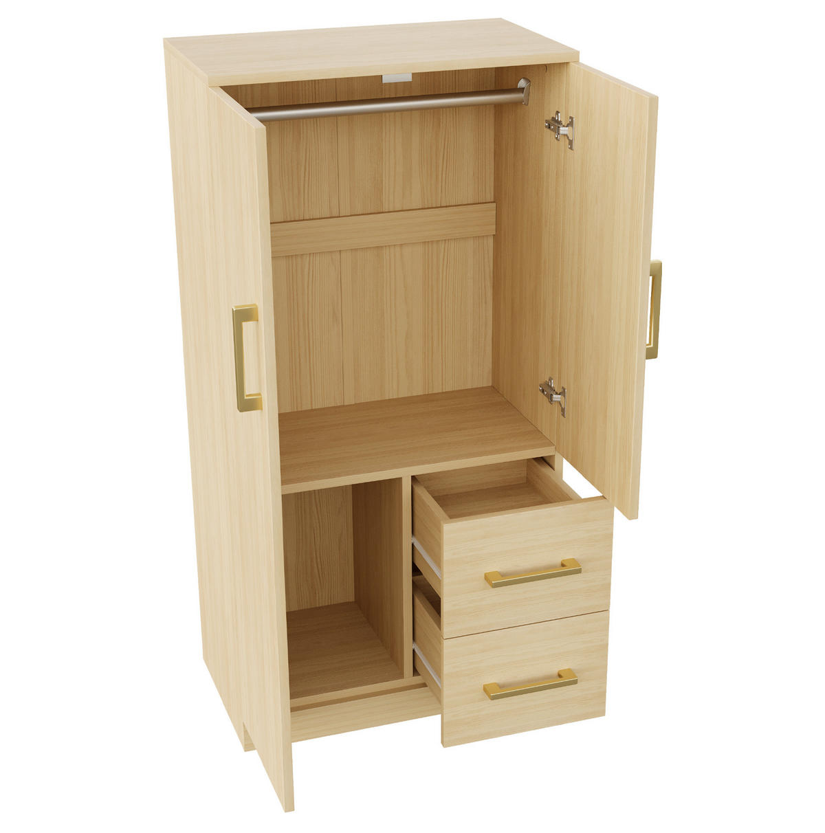 KLEIDERSCHRANK Holz, Doppeltür mit 2 Schubladen & Staufach, 70/40/135 cm, Naturholz - Naturfarben, Holz (70/135/40cm) - Redom