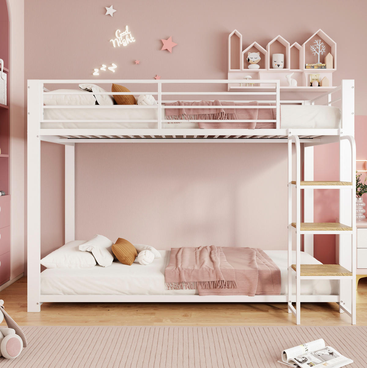 ETAGENBETT 90/200 cm in Weiß/Walnuss mit Leiter und Rausfallschutz - Weiß, Metall (90/200cm) - Modenvie