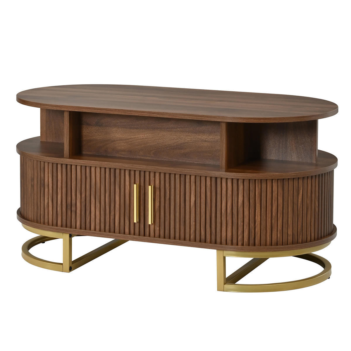 COUCHTISCH 100/50/64 cm, Nussbaum, höhenverstellbar, mit Stauraum und Schiebetüren - Walnussfarben/Schwarz, Holzwerkstoff/Metall (50/100/64cm) - CHICFURN
