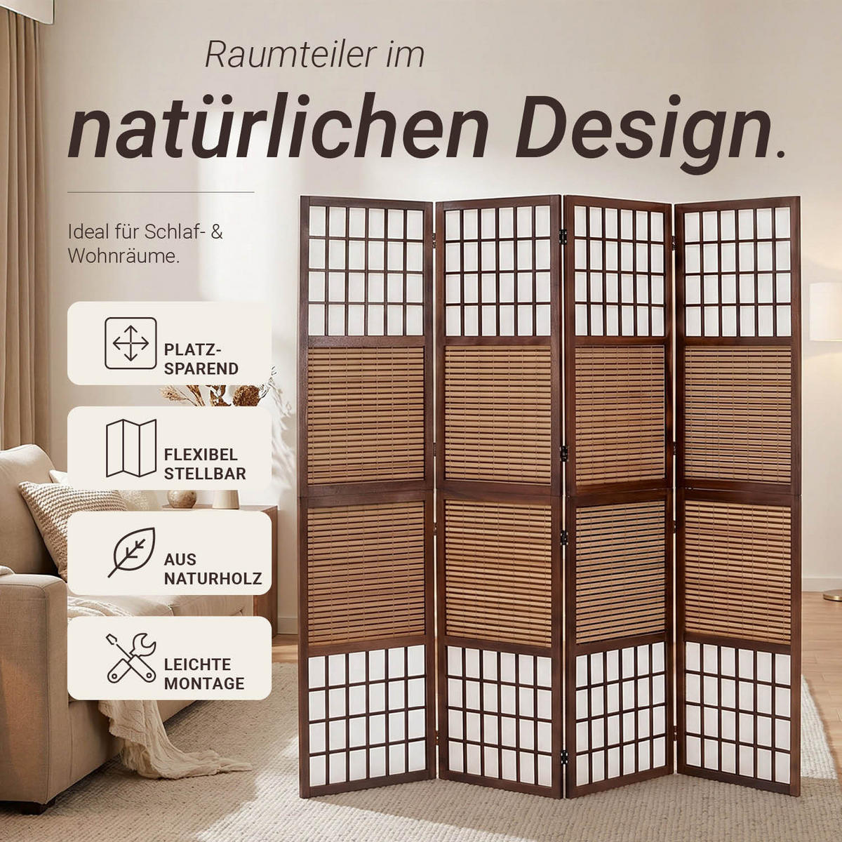 PARAVENT 4-tlg. 176/175 cm Braun Bambuslamellen - Braun, Holz (176/175/2cm) - Homestyle4u