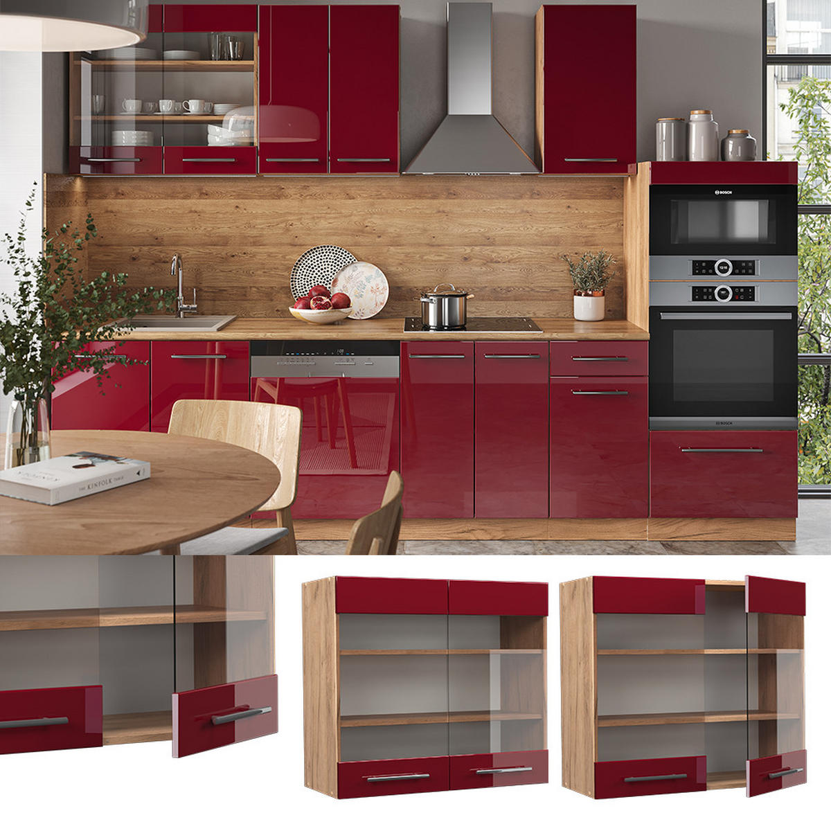 KÜCHENGLASSCHRANK Fame-Line Bordeaux Hochglanz 80 cm - Honigeiche/Bordeaux, Holzwerkstoff (80/72/34.1cm) - Vicco