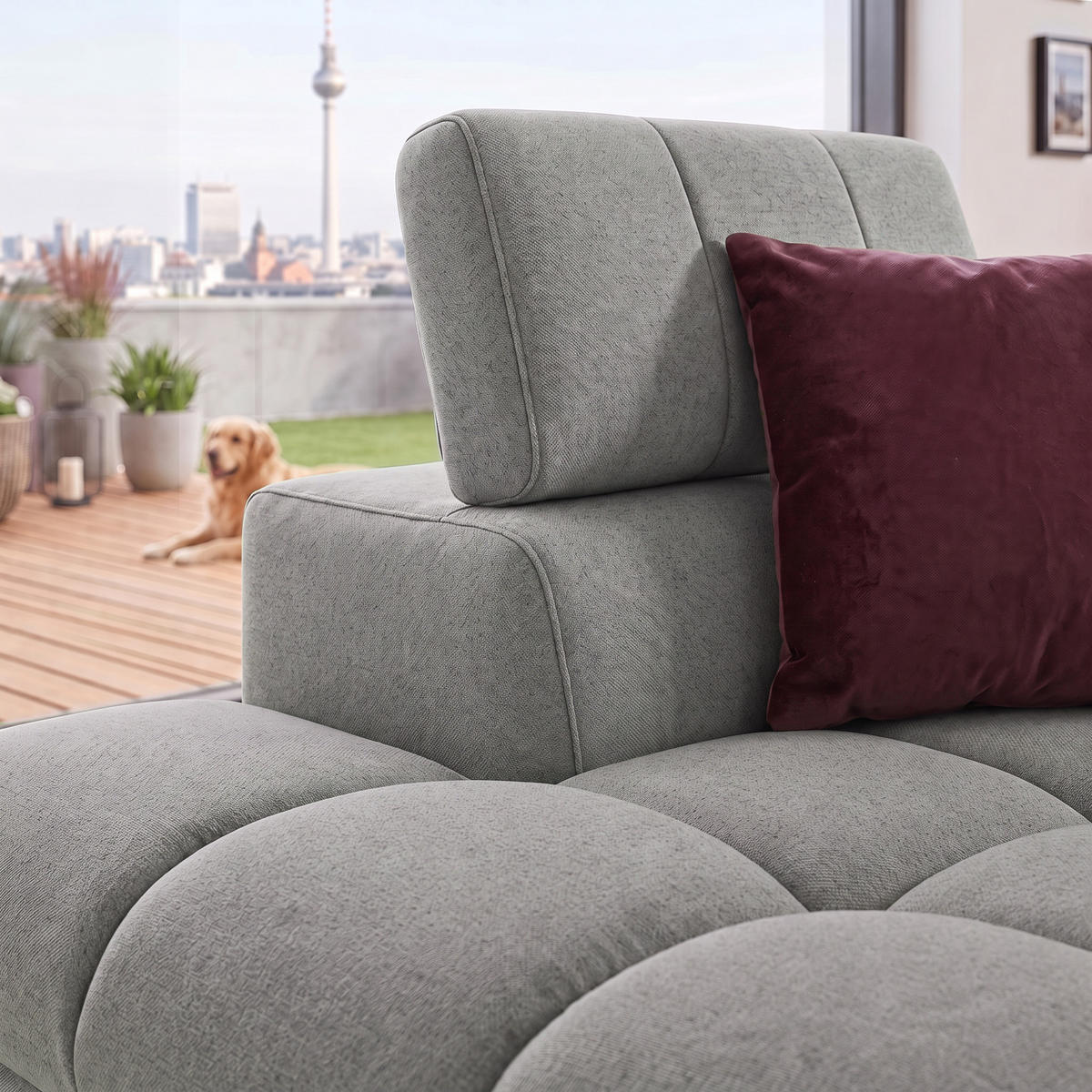ECKSOFA PUDDING MAXI L Links mit Schlaffunktion 125x195 Velours Grau - Schwarz/Grau, Holz/Textil (203/350cm) - Muffo