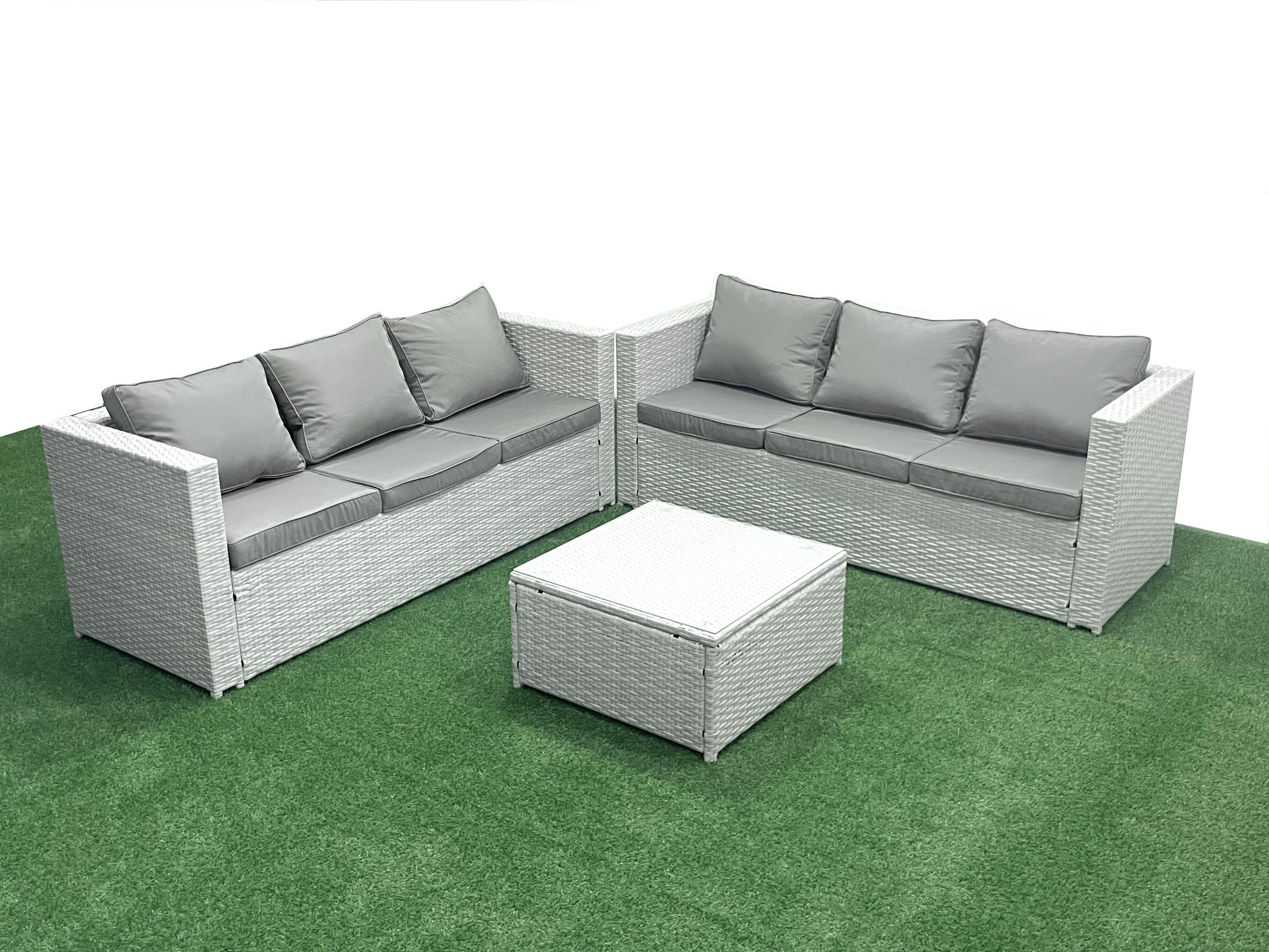 GARTENMÖBEL-SET mit Kissen Polyrattan Hellgrau-Mix 6-Sitzer - Hellgrau/Grau, Glas/Kunststoff - Fimous