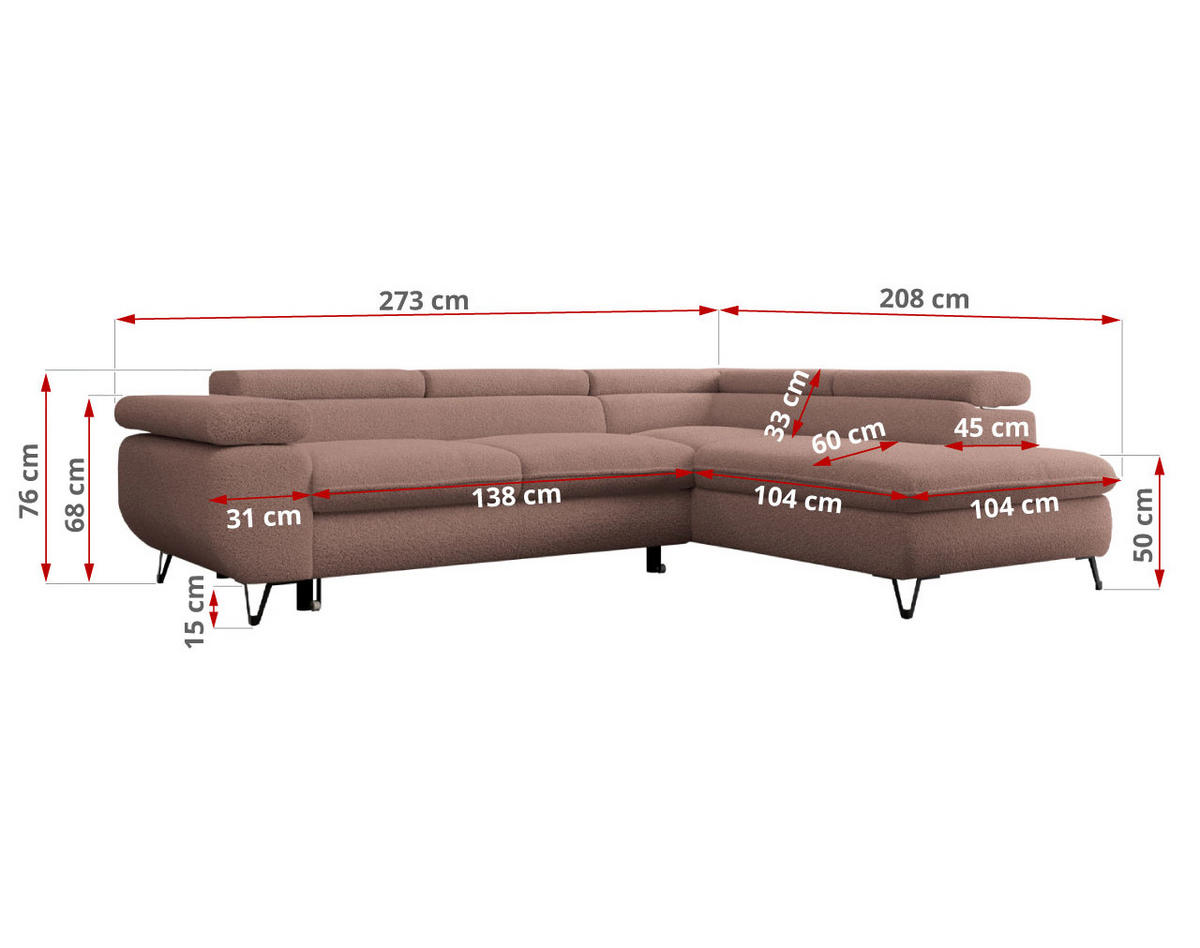 ECKSOFA PEDRO L Rosa Boucle - Links Seite - Schwarz/Rosa, Textil/Metall (208/273cm) - MKS