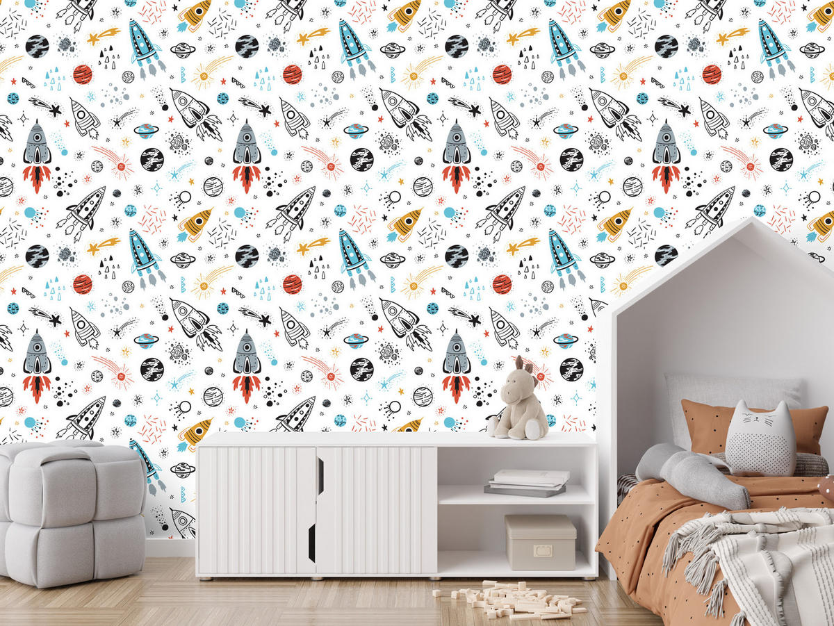 VLIESTAPETE Planeten, Sterne und Raketen – Bunt, Weiß – 50x1000 cm - Multicolor/Weiß, Papier (50/1000cm) - Muralo
