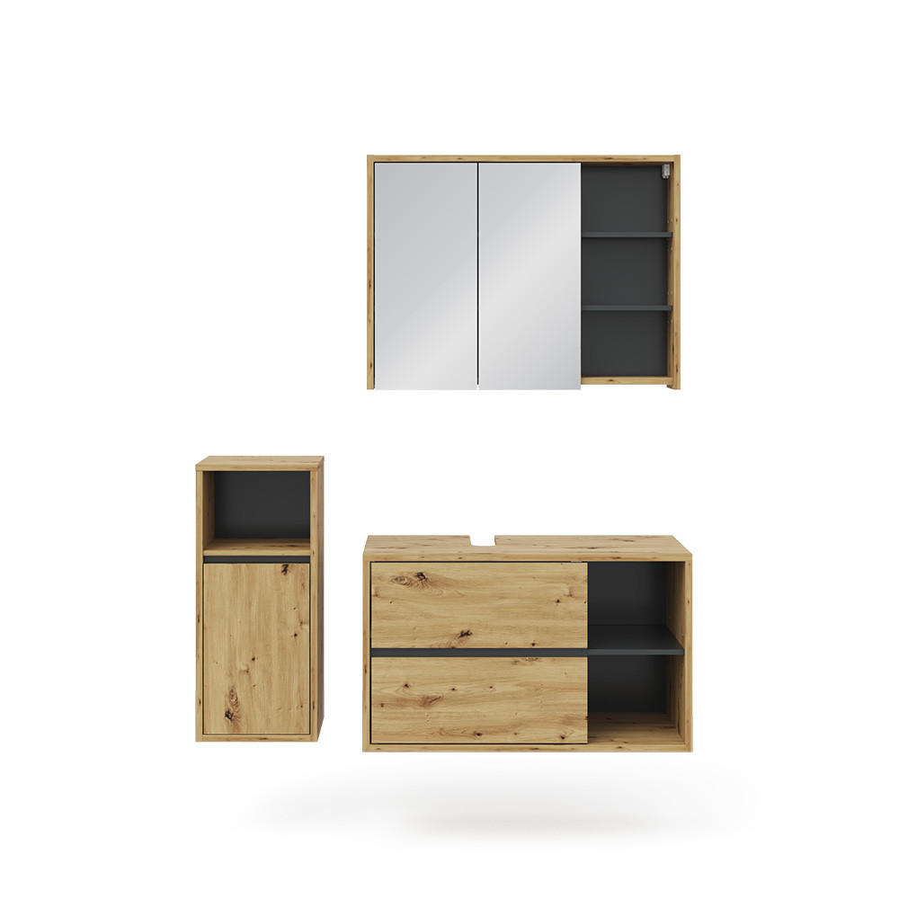 BADMÖBEL-SET Viola Braun 3 Teile, mit Midischrank - Anthrazit/Eiche Artisan, Holzwerkstoff (60/100/45cm) - Vicco