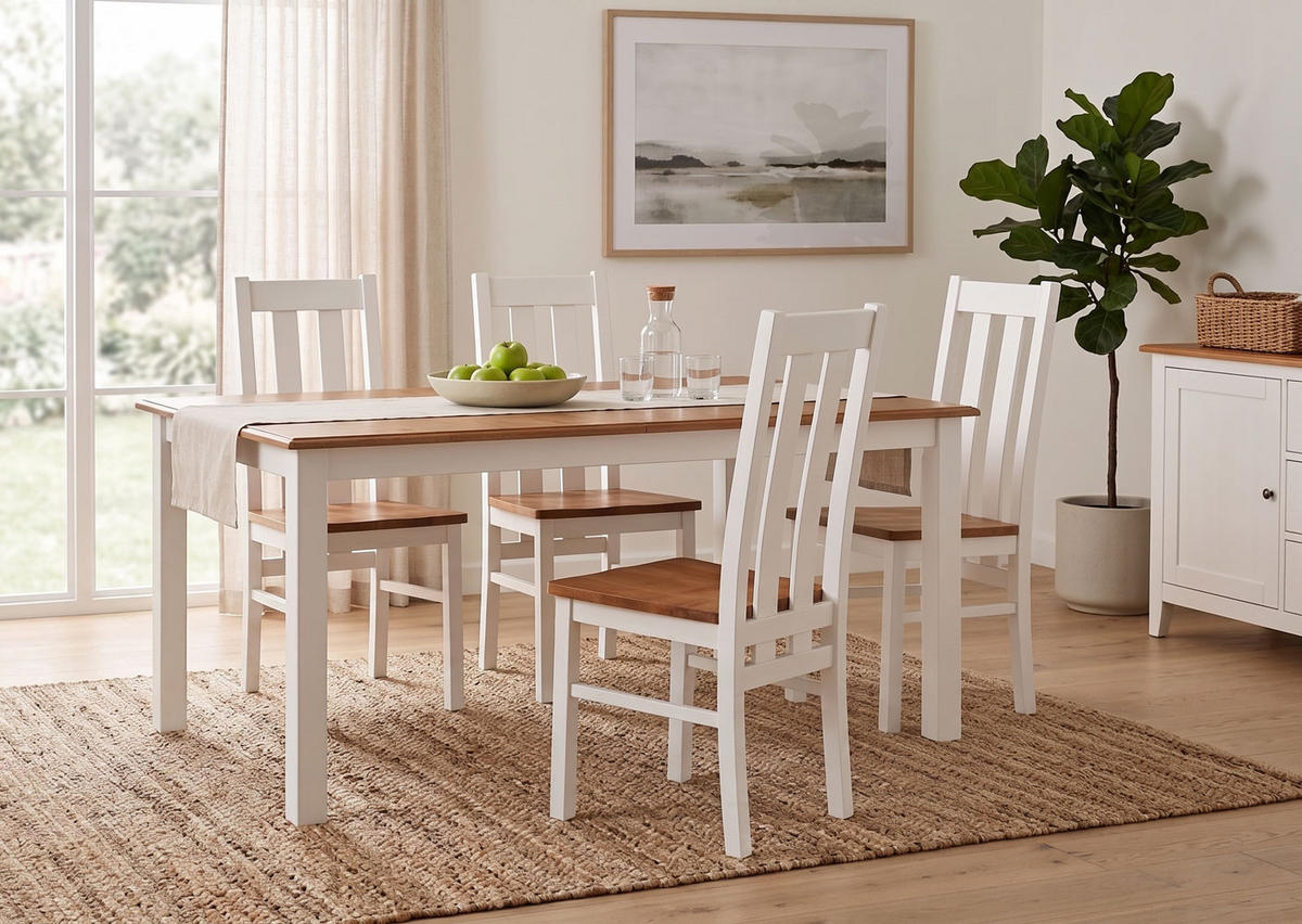 ESSZIMMER-SET Belluno Elegante 5-tlg Kiefer Weiß / Gebeizt Eiche 150-197 / 93 / 96cm - Eichefarben/Weiß, Holz (197/96/93cm) - Feldmann-Wohnen