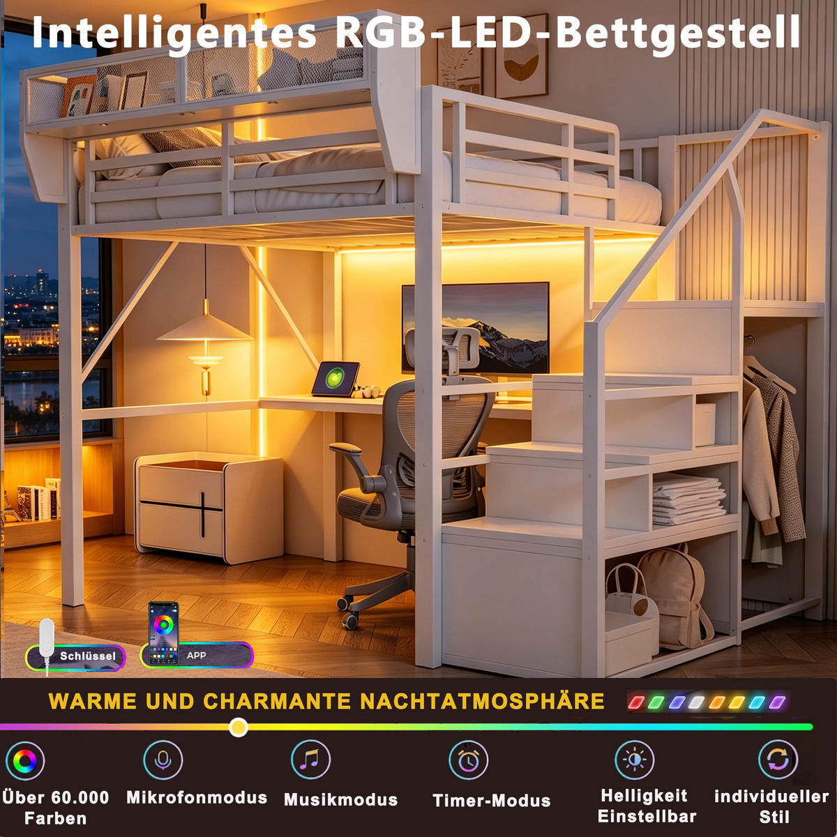 HOCHBETT 140/200 cm in Weiß mit LED, Schreibtisch, Sicherheitsleiter und Regal aus Metall - Schwarz/Weiß, Metall (140/200cm) - STILVORA