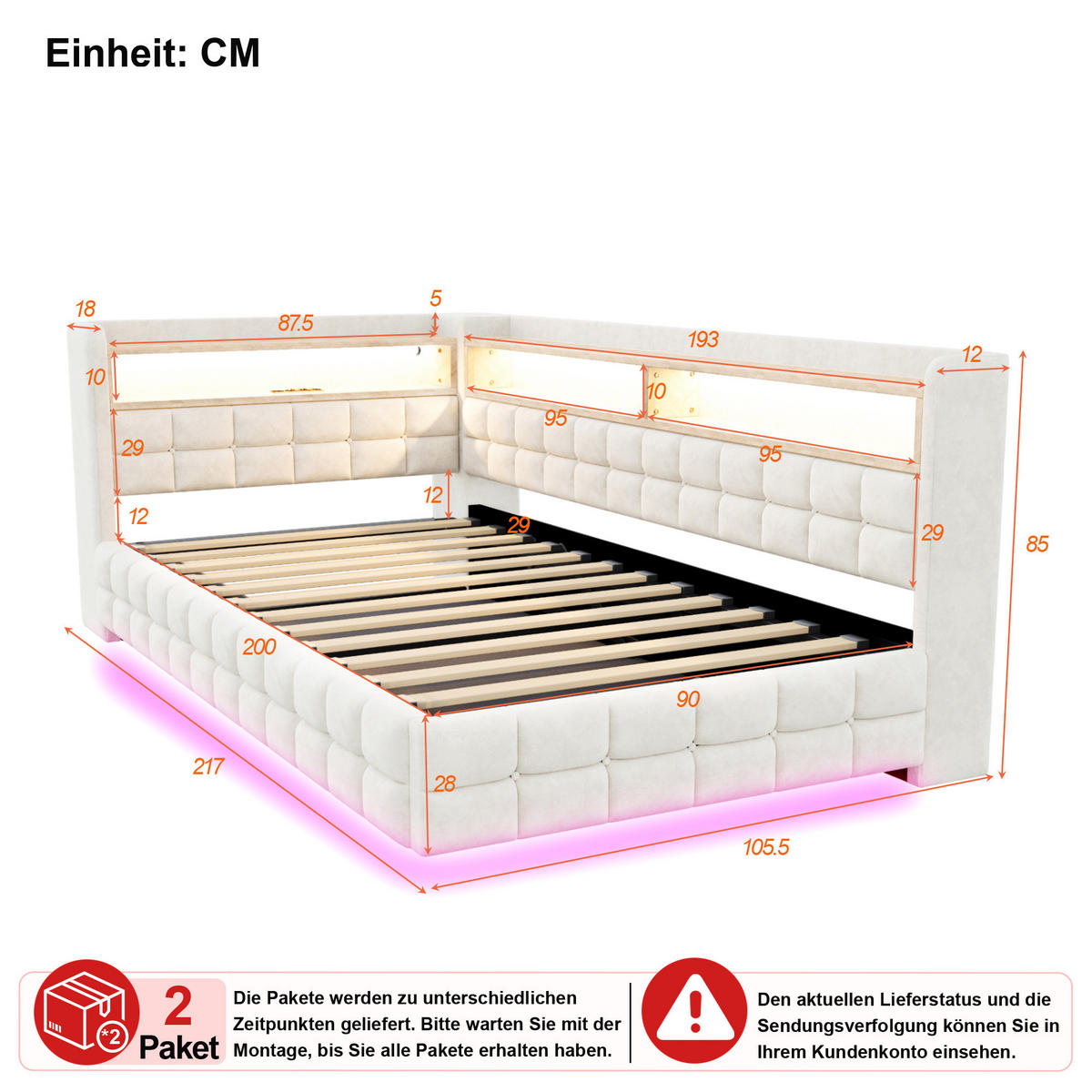 SCHLAFSOFA 90/200 cm in Beige Samt mit Bettkasten, LED und USB - Beige, Holzwerkstoff/Textil (90/200cm) - CHICFURN