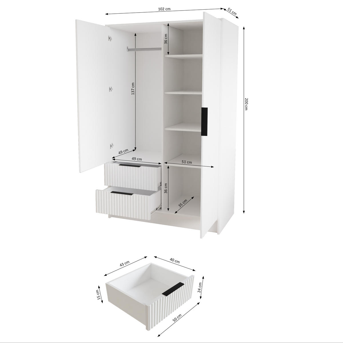 KLEIDERSCHRANK NOA - 120 cm - Eiche Artisan|Schwarz - Schwarz/Eiche Artisan, Holzwerkstoff (102/200/51cm) - ALTDECOR