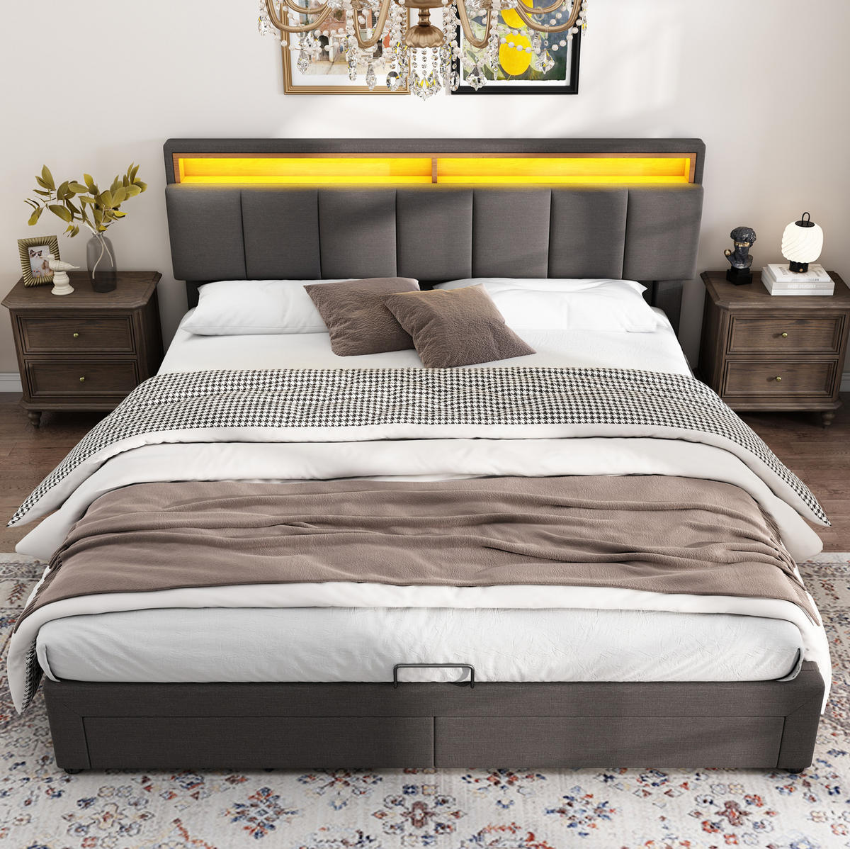 BETT mit LED und Stauraum 160x200 cm Leinenoptik Dunkelgrau - Dunkelgrau, Metall (160/200cm) - Meubliv