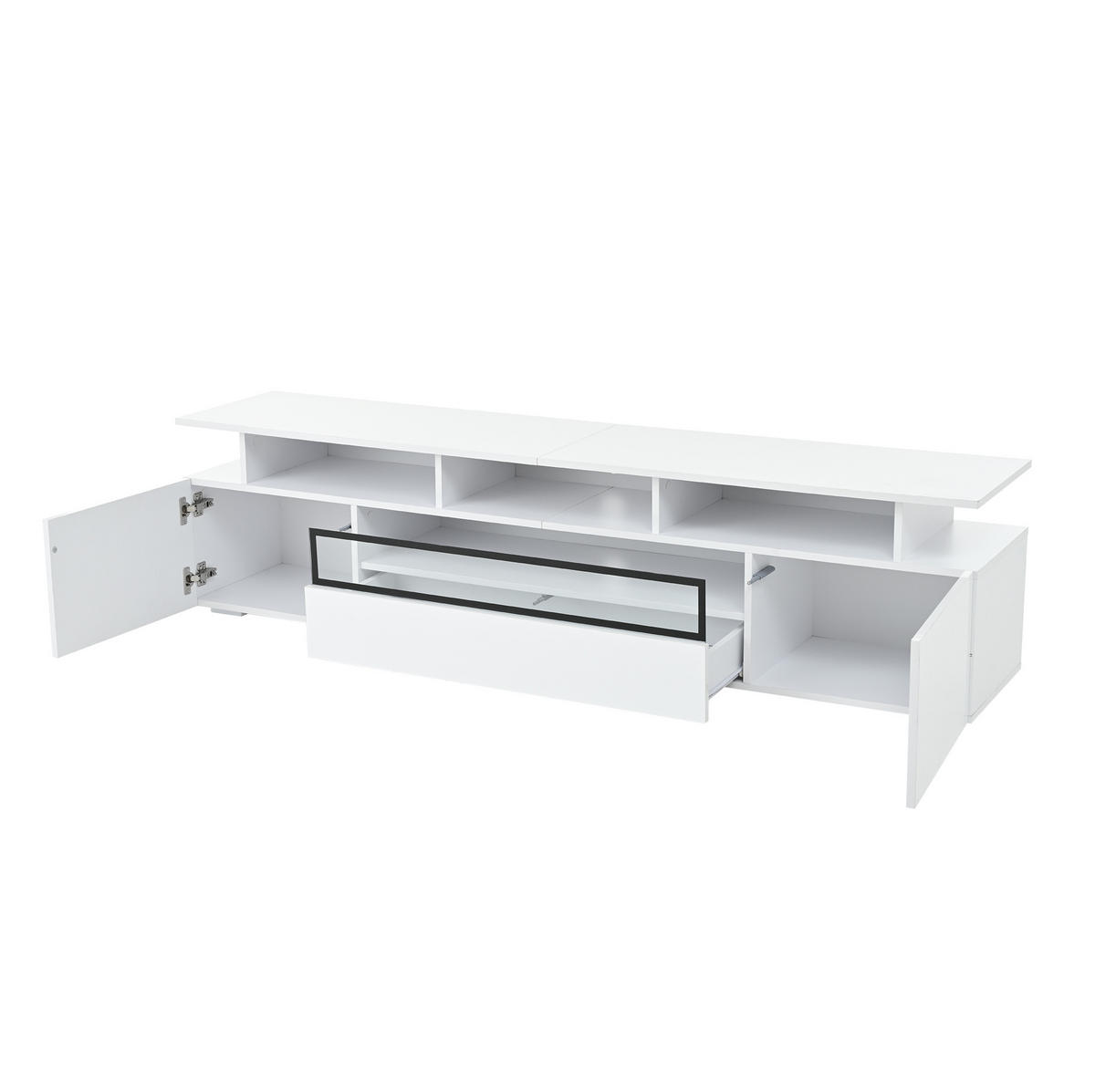 TV-LOWBOARD aus Spanplatte 180x38x45 cm Weiß mit LED-Beleuchtung, 2 Schränken, 1 Schublade und Hochglanzfront - Weiß, Holzwerkstoff (180/45/38cm) - Modfu