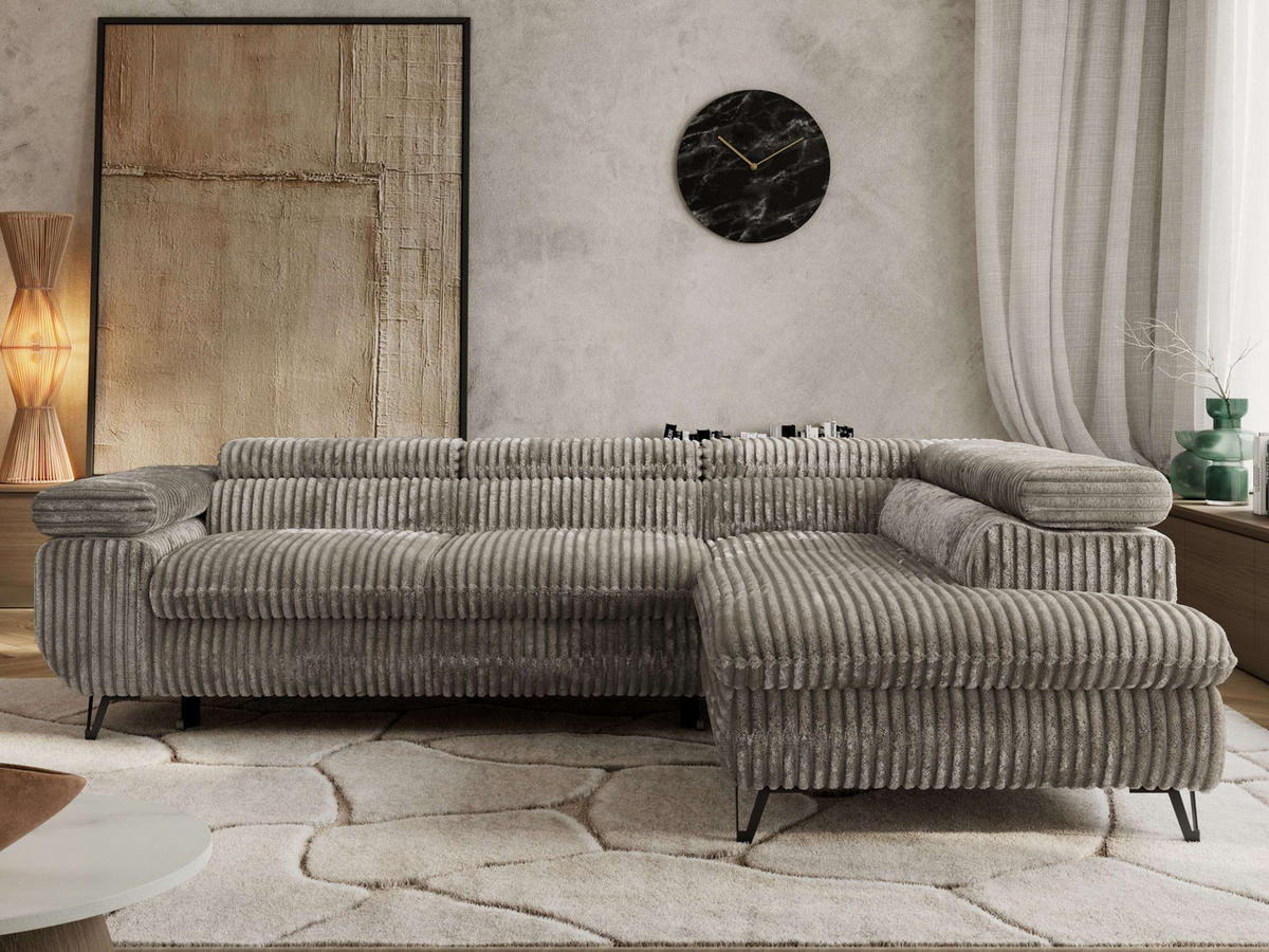 ECKSOFA PABLO L Grau Cord - Rechts Seite mit Visco Topper - Schwarz/Grau, Textil/Metall (273/208cm) - MKS