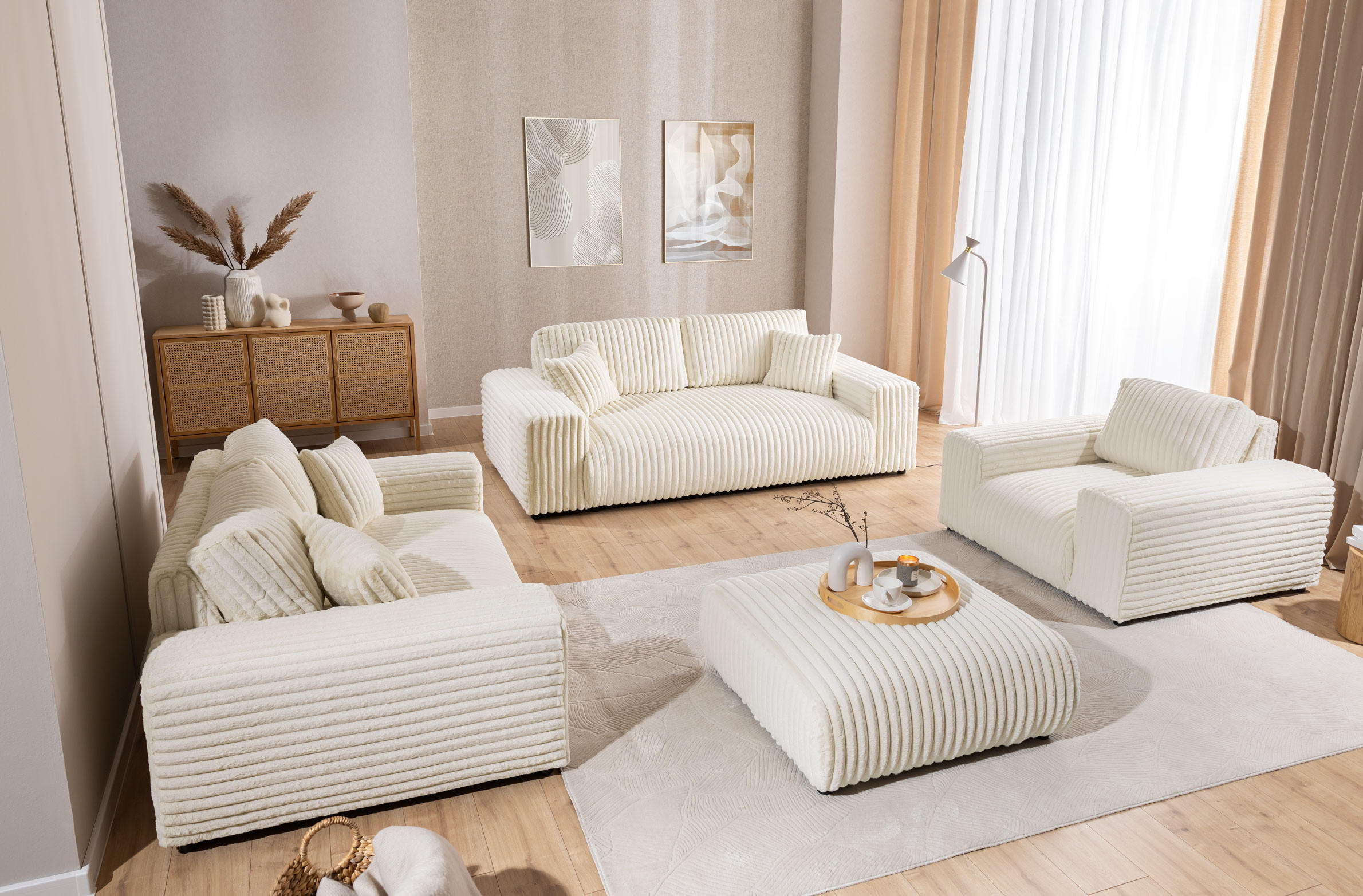 SITZGARNITUR 3+2+1 Mollis Hellbeige Plüschcord - Beige/Schwarz, Holz/Kunststoff (213/79/108cm) - S-Style Möbel