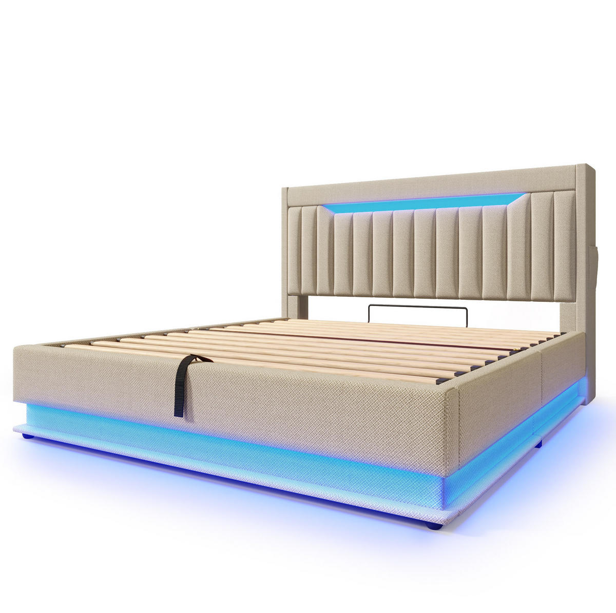 POLSTERBETT 160/200 cm Beige aus Leinen mit Matratze und LED - Beige, Textil (160/200cm) - OKMYHOME