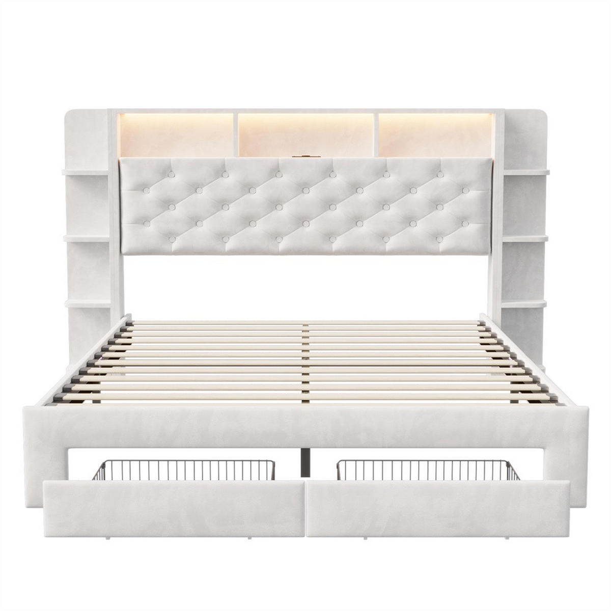 POLSTERBETT 140 x 200 cm mit USB-Anschluss & Steckdose - offene Regalfächer mit LED-Beleuchtung und Schubladen - Weiß - Weiß, Textil (140/200cm) - DELFA
