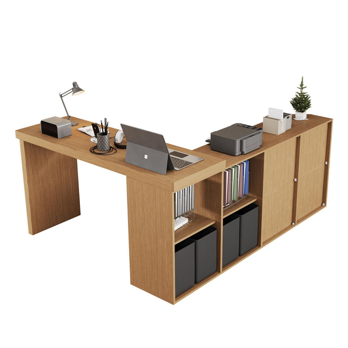 PSACÍ stůl, otočný 360°, 120/48/78 + 140/35/74 cm, MDF černá/dub - barva dubu, kompozitní dřevo (140/74/35cm) - BEAOK