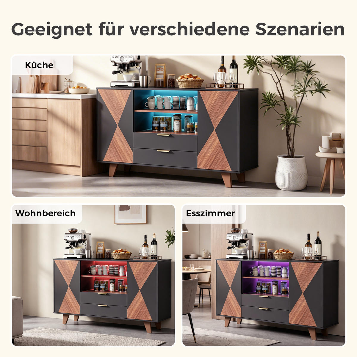 SIDEBOARD DE-38759 150/40/90 cm LED-Beleuchtung und 2 Schubladen Weiß - Schwarz, Holzwerkstoff (150/90/40cm) - ComfortXL