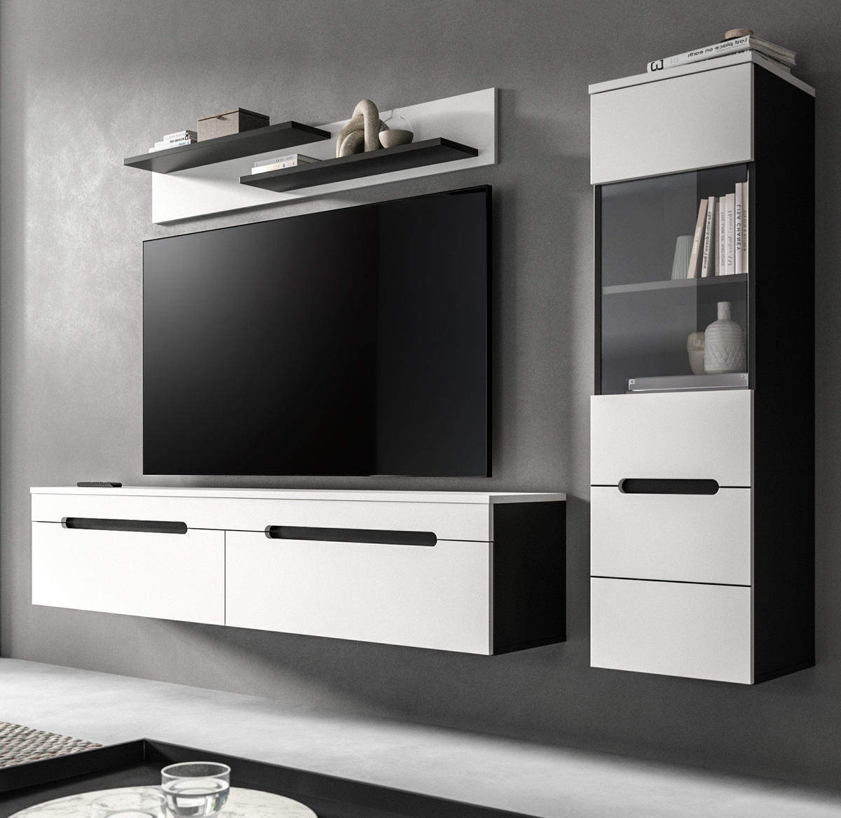 WOHNWAND weiß, grau, Wohnkombination 3-teilig hängend / stehend 221 cm, Cooper - Schwarz/Weiß, Glas/Holzwerkstoff (221/141/33cm)