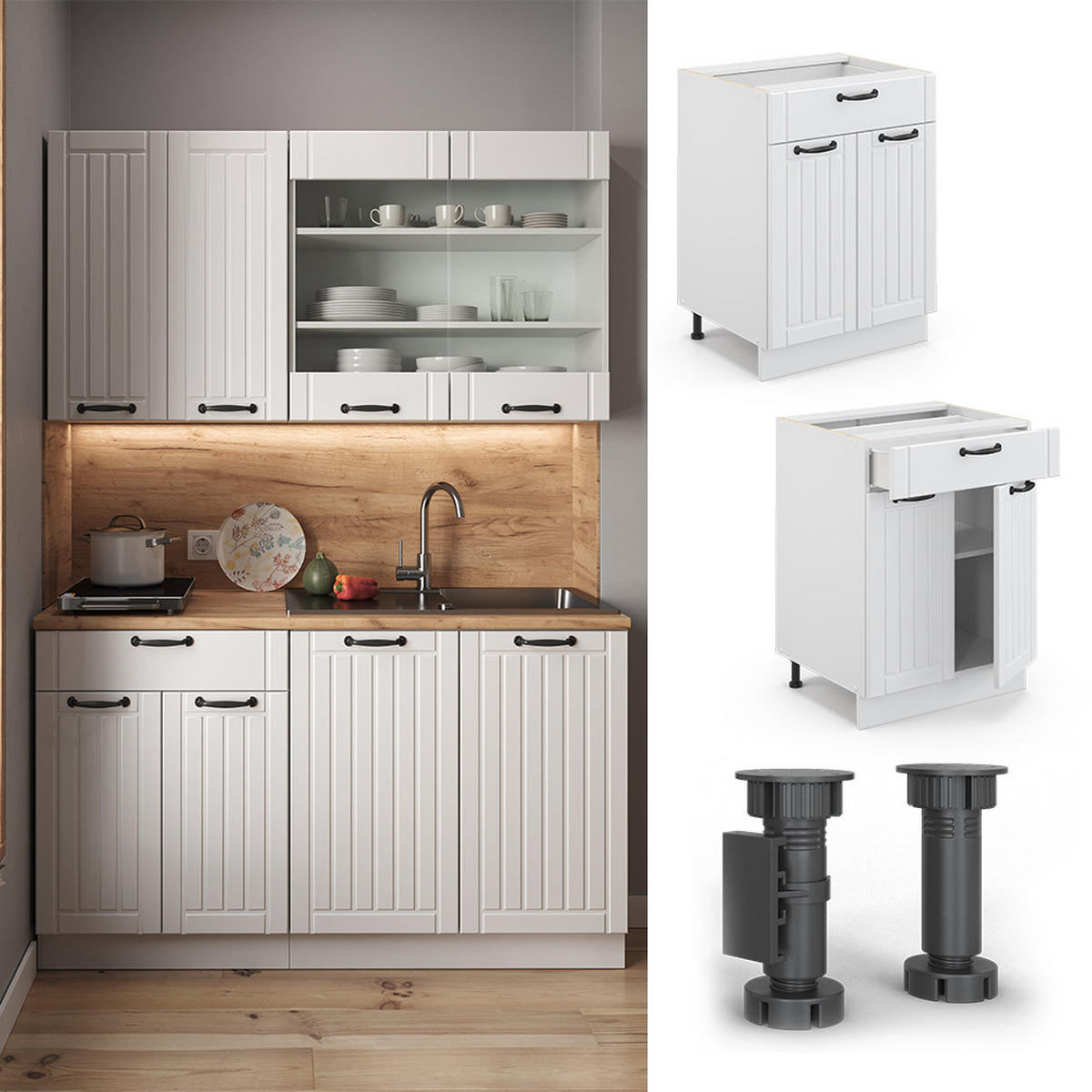 KÜCHENUNTERSCHRANK Fame-Line Weiß Landhaus 60 cm mit Schublade AP Marmor - Creme/Weiß, Holzwerkstoff (60/82/60cm) - Vicco