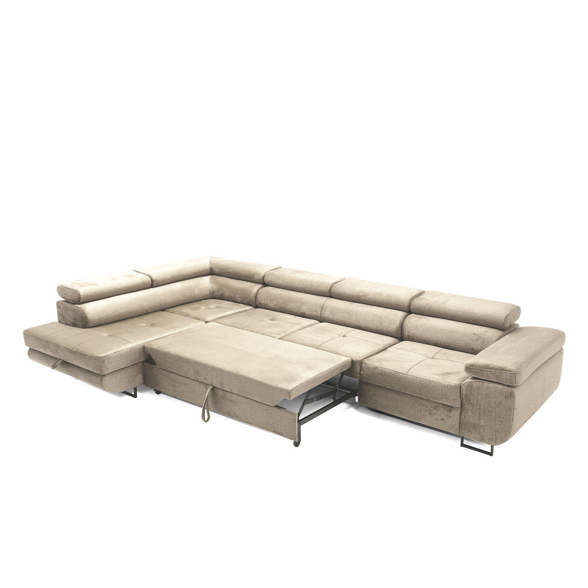 ECKSOFA WILD MAXI L Links mit Schlaffunktion 125x195 Velours Beige - Chromfarben/Beige, Holz/Textil (203/350cm) - Muffo