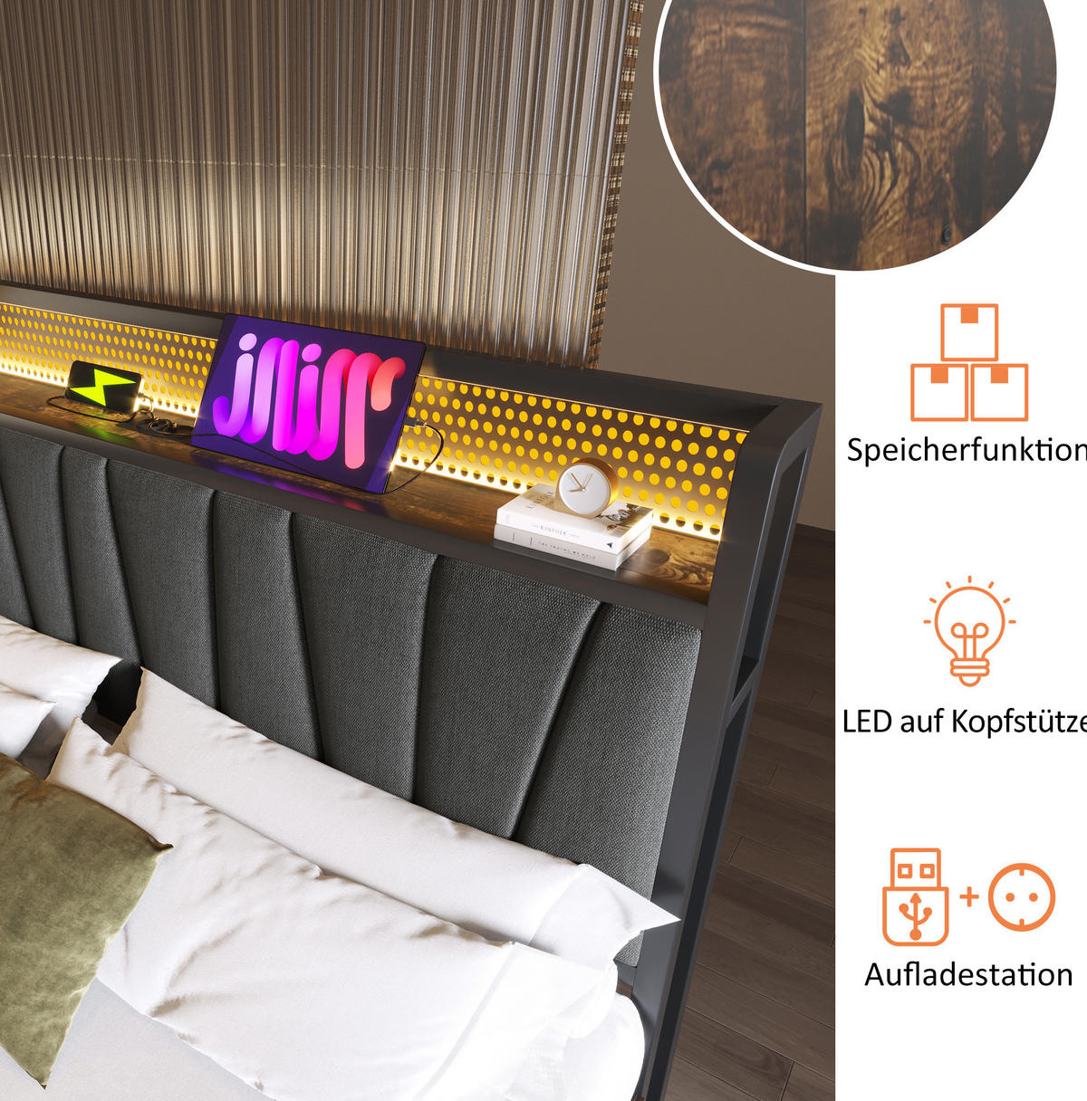 POLSTERBETT 160/200 cm mit Matratze, LED-Kopfteil, USB, Steckdosen und Bettkasten, Grau - Grau, Textil (160/200cm) - Redom