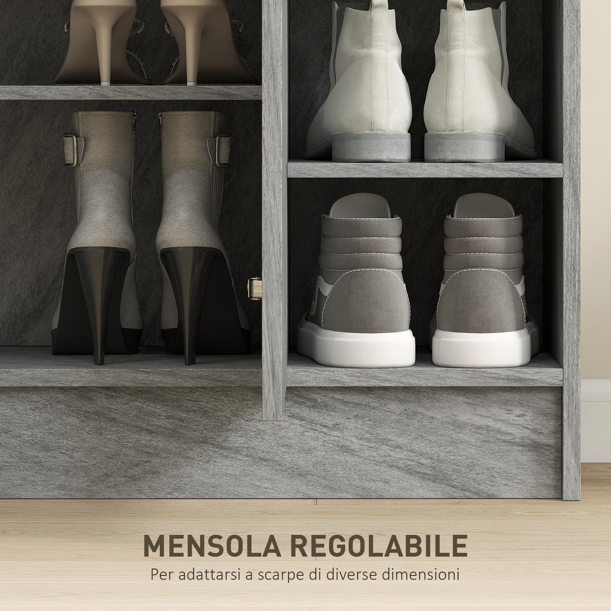 SCHUHREGAL,4 offene Ablagen für 12 Paar 83x30x90cm,zementgrau - Grau, Holzwerkstoff (83/90/30cm) - Vallsero