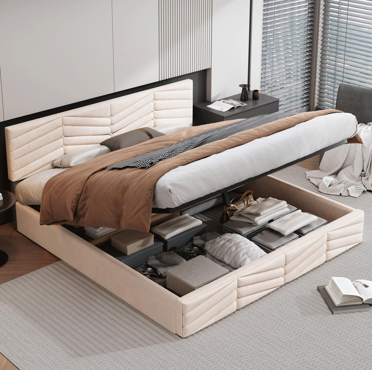 POLSTERBETT 160/200 cm beige mit hydraulischem Bettkasten und höhenverstellbarem Kopfteil - Beige, Textil (160/200cm) - OKWISH