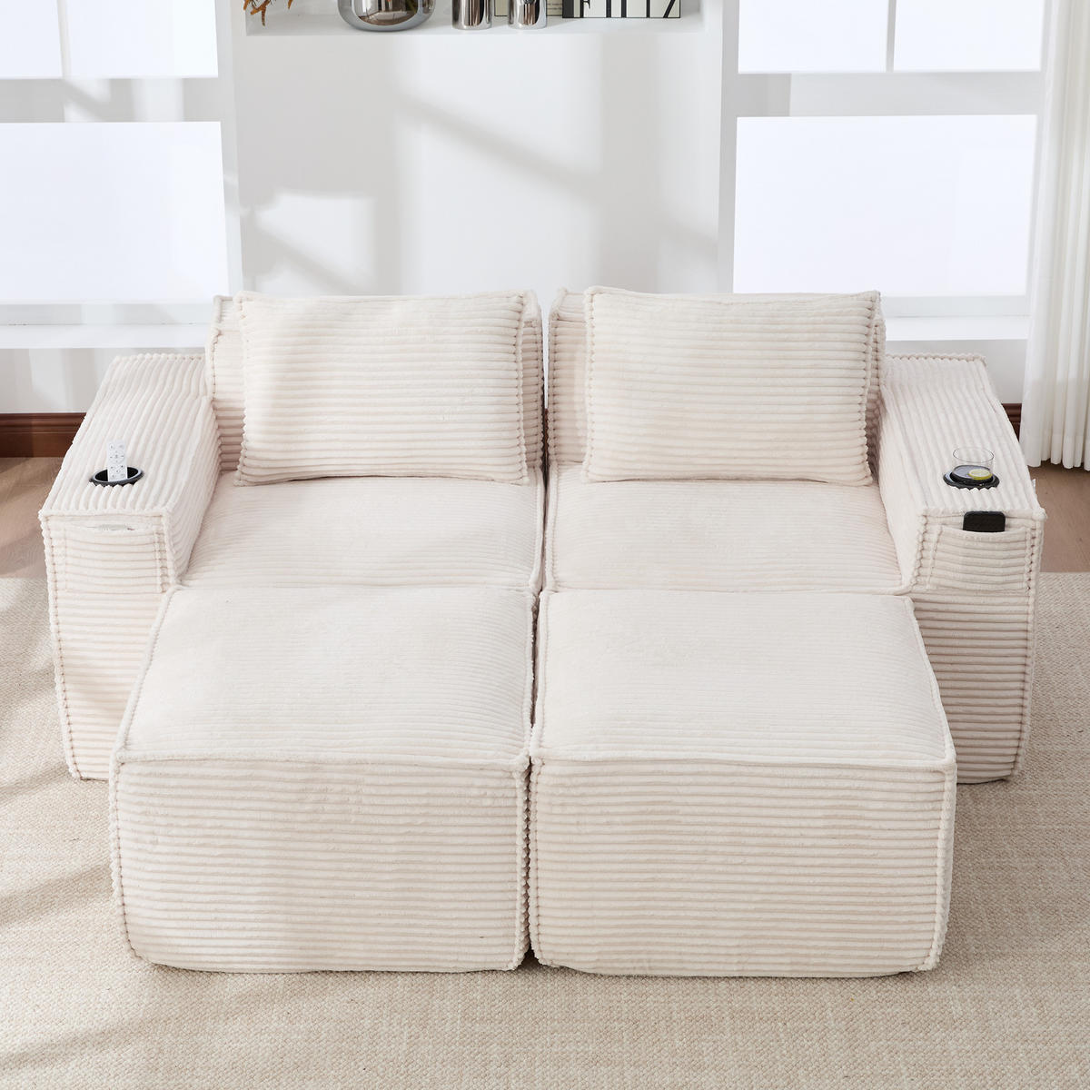 2-SITZER-SOFA DE-33836 mit 2 Hockern Beige - Beige, Textil (188/75/162cm) - ComfortXL
