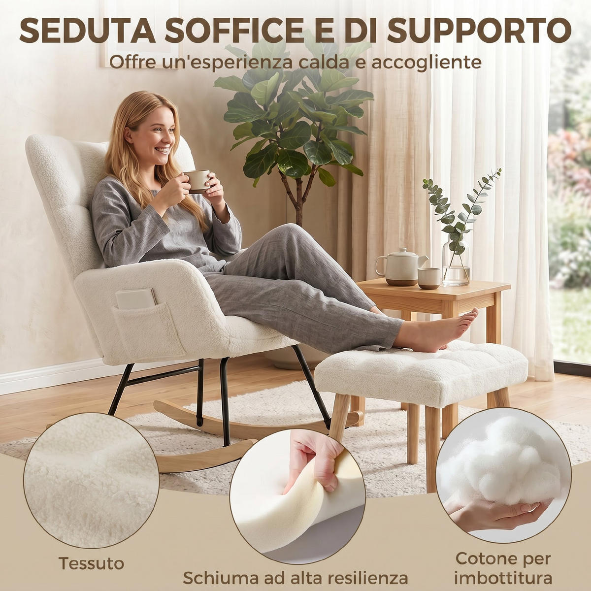 SCHAUKELSTUHL Sherpa Fußstütze Seitentaschen Creme - Creme, Textil (97/100/72cm) - Vallsero