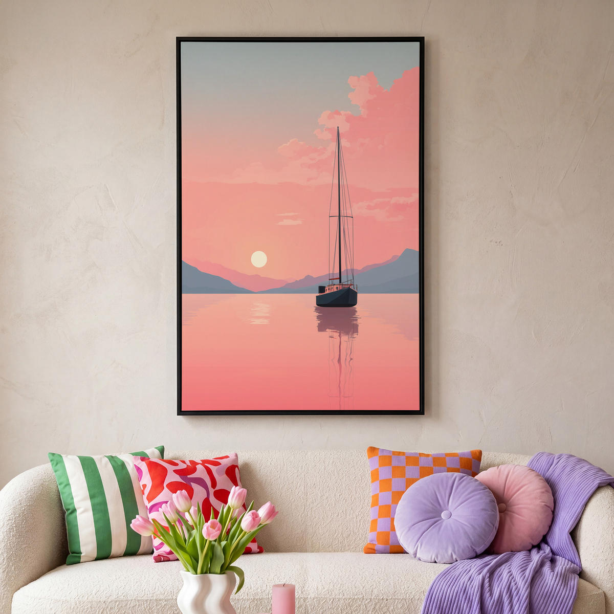 LEINWAND Bilder mit Rahmen - Segelboot - Rosa Meer - Sonnenuntergang - Berge - 80x120 - Rosa, Textil (80/120cm) - MuchoWow