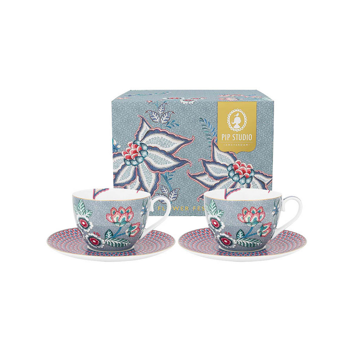 TASSEN & UNTERTASSEN 2er-Set Blumenfestival hellblau 280 ml - Hellblau, Keramik (16.8/12.2/16.8cm) - Pip Studio