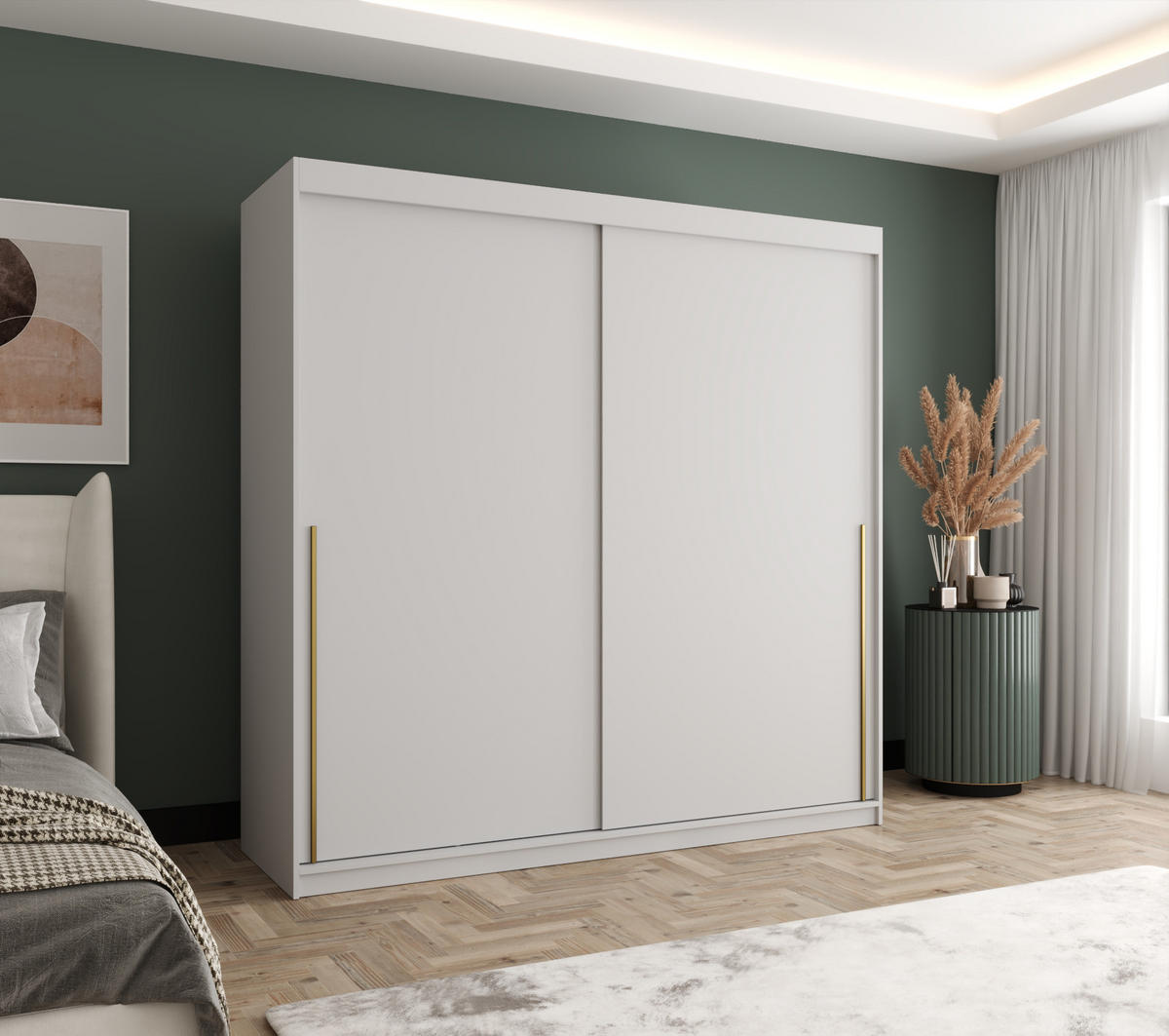 SCHIEBETÜRENSCHRANK 200 cm Breite Weiß mit goldenem Griff - Goldfarben/Weiß, Holzwerkstoff (200/200/62cm) - Home Collective
