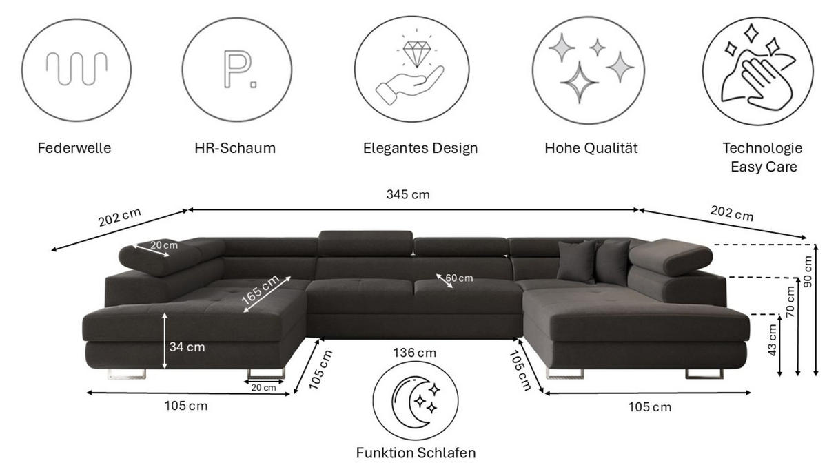 ECKSOFA Falio U-förmiges mit Schlaffunktion und Kopfstützen Velours Graphit - Graphitfarben, Holz/Textil (202/345cm) - Kaiser Möbel