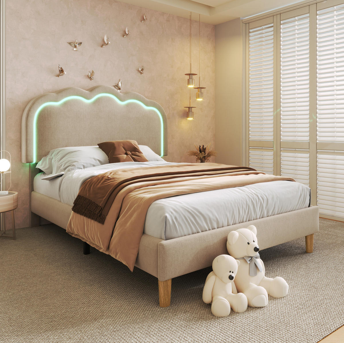 POLSTERBETT 90/190 cm Beige aus Leinen mit LED-Kopfteil - Beige, Textil (90/200cm) - OKMYHOME