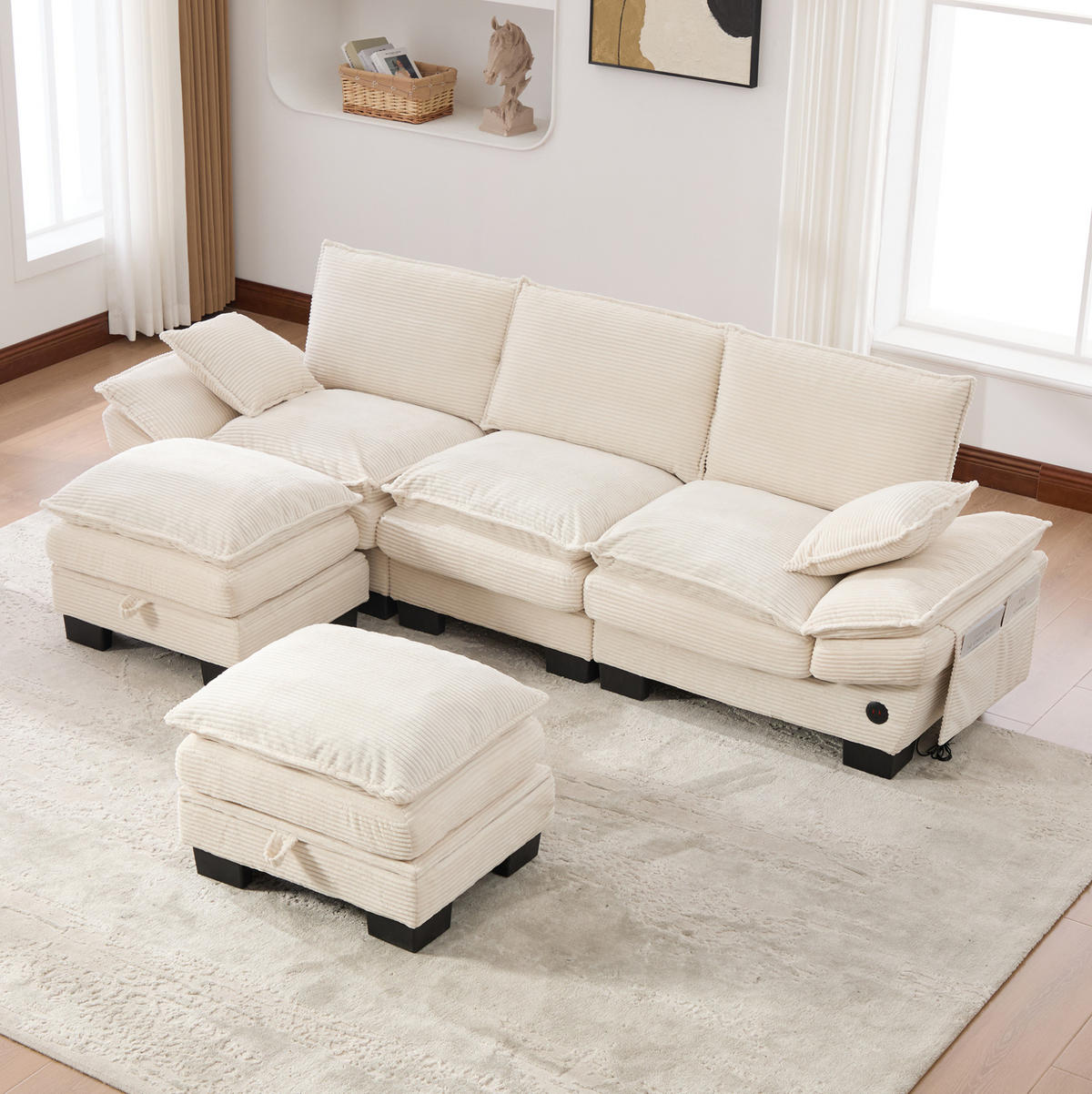 WOHNLANDSCHAFT aus Corduroy 260x132x84 cm in Beige mit USB-C & Seitentaschen - Beige, Textil (132/84/260cm) - Modfu