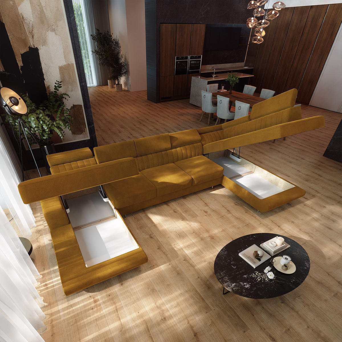 WOHNLANDSCHAFT GAIAN Gelb Velours-Stoff mit Schlaffunktion - Gelb, Holz (412/88/190cm) - MASSENO