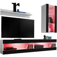 WOHNWAND 4-er Set, TIVOLI SET5 mit mehrfarbige LED RGB Beleuchtung Weiß + Schwarz, Offener Raum - Eiche Wotan/Weiß, Glas/Holzwerkstoff (240/195/35cm) - Komodee