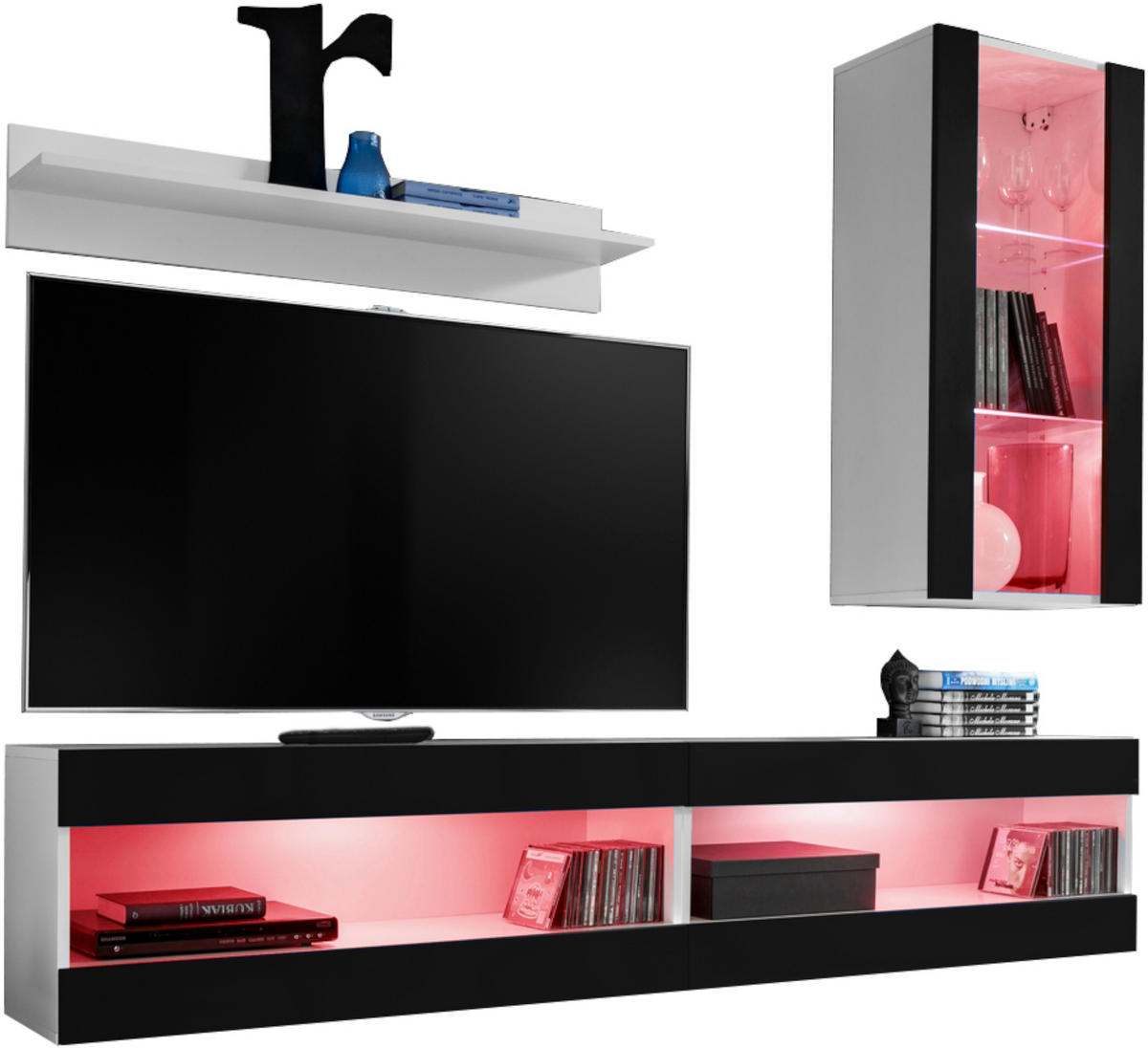 WOHNWAND 4-er Set, TIVOLI SET5 mit mehrfarbige LED RGB Beleuchtung Weiß + Schwarz, Offener Raum - Eiche Wotan/Weiß, Glas/Holzwerkstoff (240/195/35cm) - Komodee