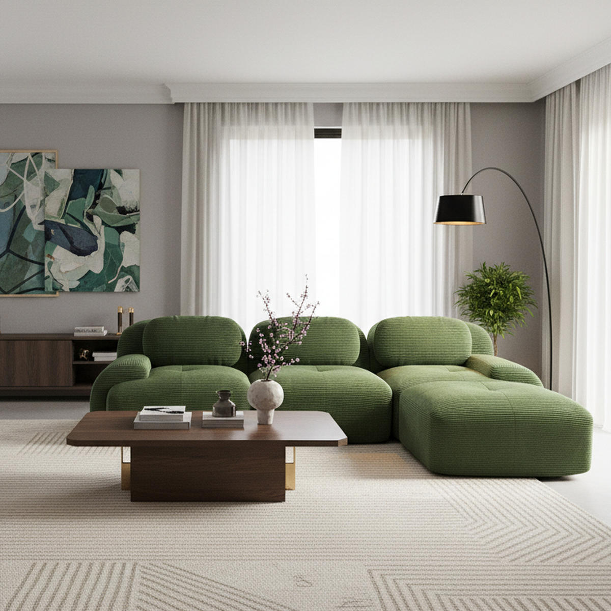 ECKSOFA 3-Sitzer in Premium-Cord Montagefrei & Rutschfest - Grün, Textil (298/178cm) - Urban Meuble