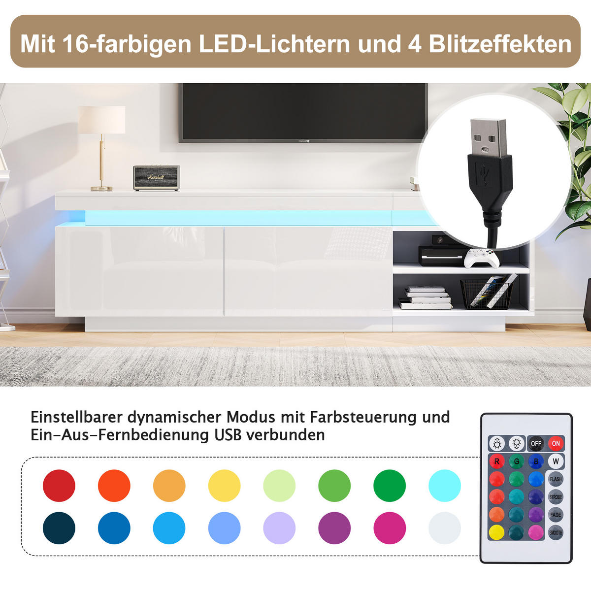 LOWBOARD mit LED-Beleuchtung, 2 Türen, Kabelmanagement und Hochglanz-Design 170/35/50 cm - Weiß, Holzwerkstoff (170/50/35cm) - EVRYAE