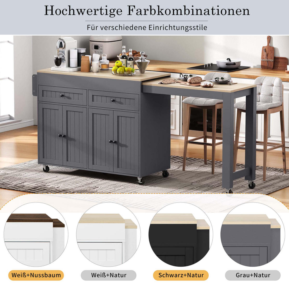 KÜCHENINSEL mit Rollen 112/45/92.2 cm Grau mit 2 Schubladen und Arbeitsplatte - Grau, Holz/Holzwerkstoff (180.5/92.2/45cm) - Oxeza