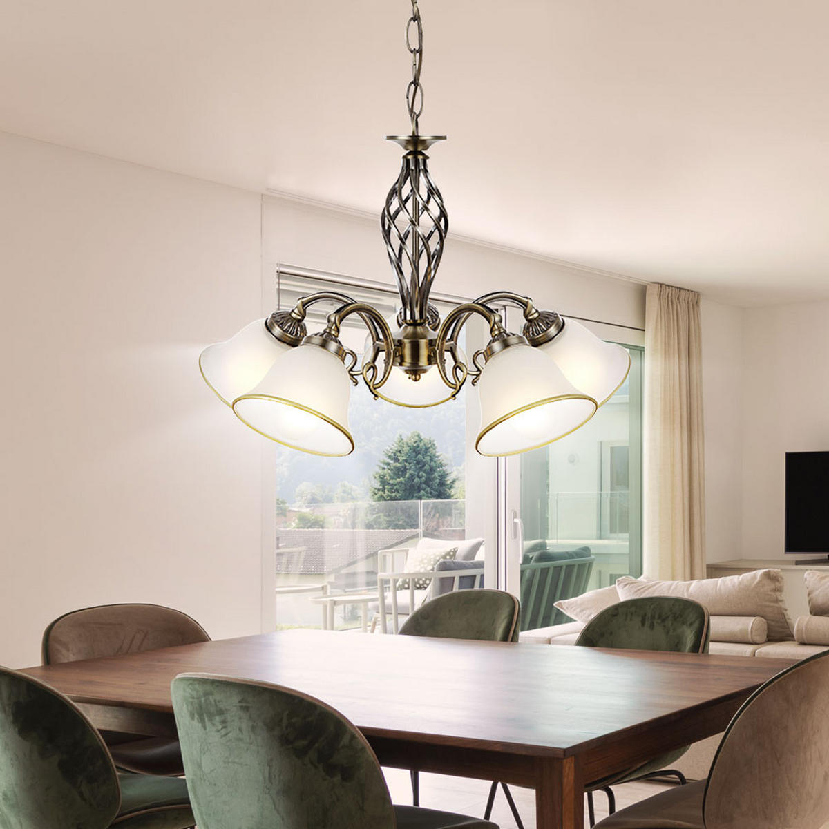 KRONLEUCHTER ODIN Messing 5-flammig - Messingfarben, Glas (60/60/120cm) - Globo Lighting