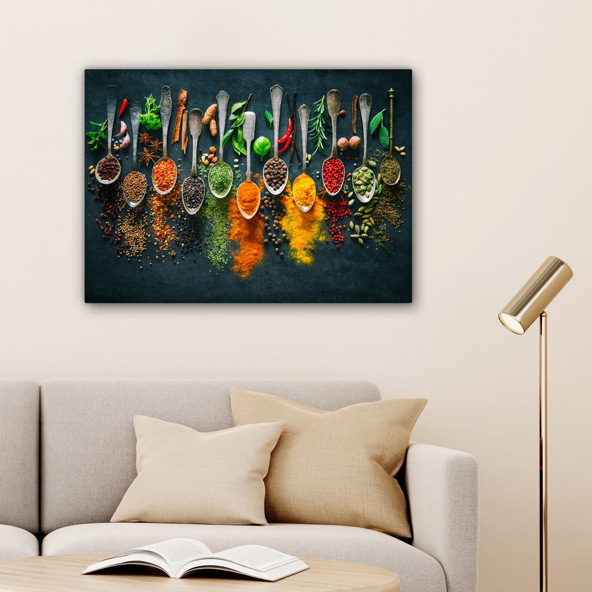 LEINWANDBILD Kräuter - Gewürze - Löffel Wandbilder 80x60 cm - Currygelb, Textil (80/60cm) - MuchoWow