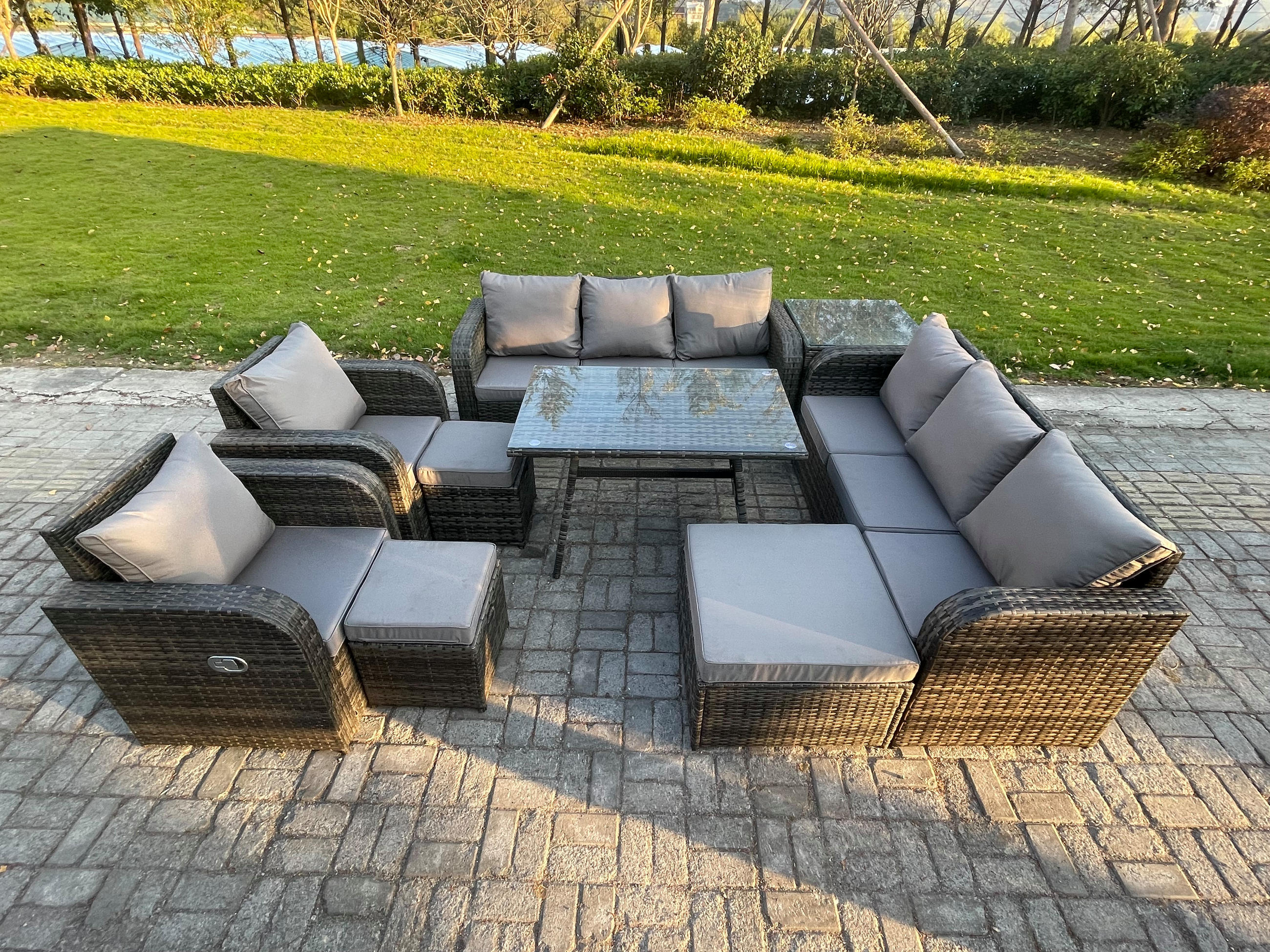 GARTENSET Hohe Rückenlehne Polyrattan 11-Sitzer - Dunkelgrau/Grau, Glas/Kunststoff - Fimous