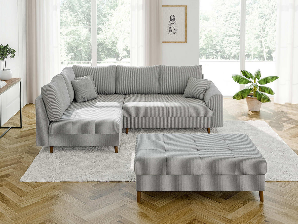 ECKSOFA inkl. Hocker Alma Hellgrau Cord - Ottomane links - Hellgrau/Braun, Holz/Textil (231/161cm) - S-Style Möbel