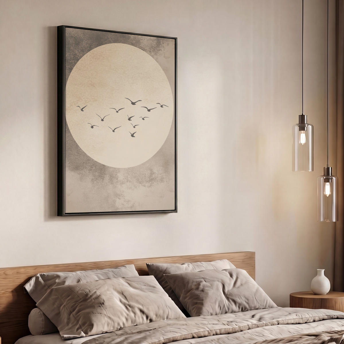 LEINWAND Bilder mit Rahmen - Vogel - Beige - Japanisch - 70x100 - Taupe, Textil (70/100cm) - MuchoWow
