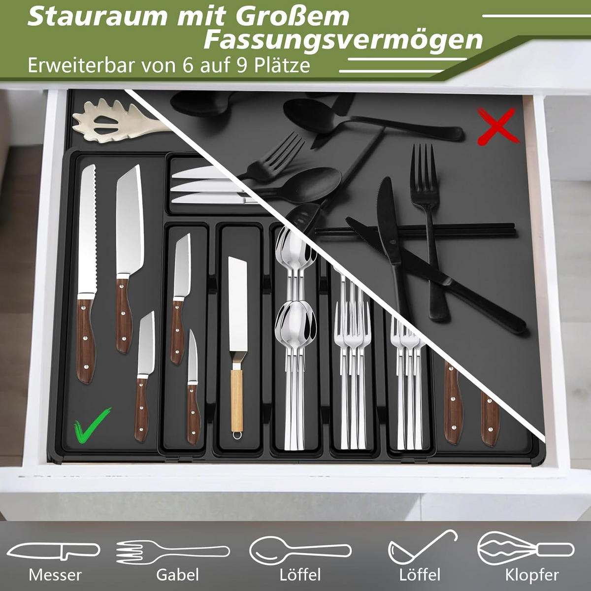 BESTECKKASTEN Ausziehbarer - Schwarz, Kunststoff (53/5/49cm) - Aimax