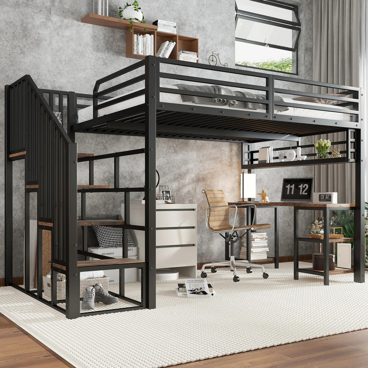 HOCHBETT 120x200 cm Treppe Schreibtisch schwarz - Schwarz, Metall (120/200cm) - LEBENLANG